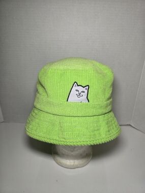 Ripndip Neon Lime Corduroy Bucket Hat with Cat Patch